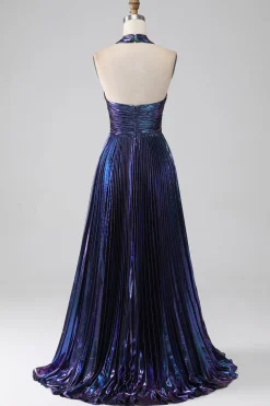 Halter roxo brilhante um vestido de baile de formatura de linha com pregas