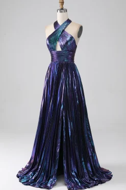 Halter roxo brilhante um vestido de baile de formatura de linha com pregas