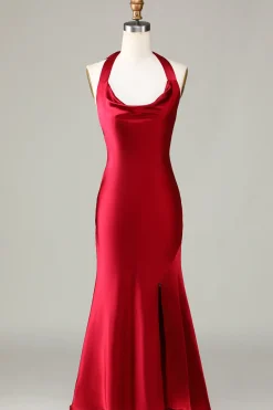 Halter Sem Mangas Borgonha Vestido de Dama de Honor