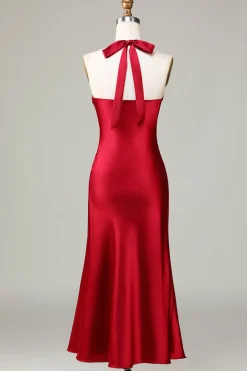 Halter Sem Mangas Borgonha Vestido de Dama de Honor