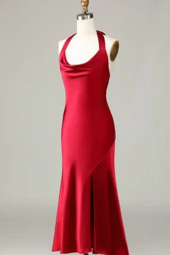 Halter Sem Mangas Borgonha Vestido de Dama de Honor