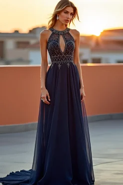 Halter Tulle Navy Uma linha cortada vestido formal com frisos