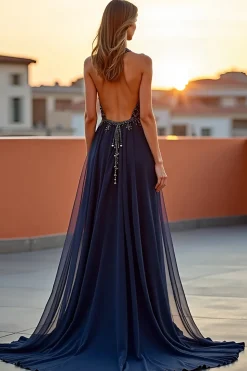 Halter Tulle Navy Uma linha cortada vestido formal com frisos
