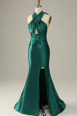 Halter verde escuro vestido de baile sereia