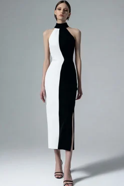 High Neck Preto e Branco Bainha Midi Vestido Formal com Fenda