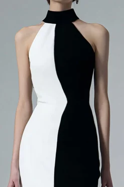 High Neck Preto e Branco Bainha Midi Vestido Formal com Fenda