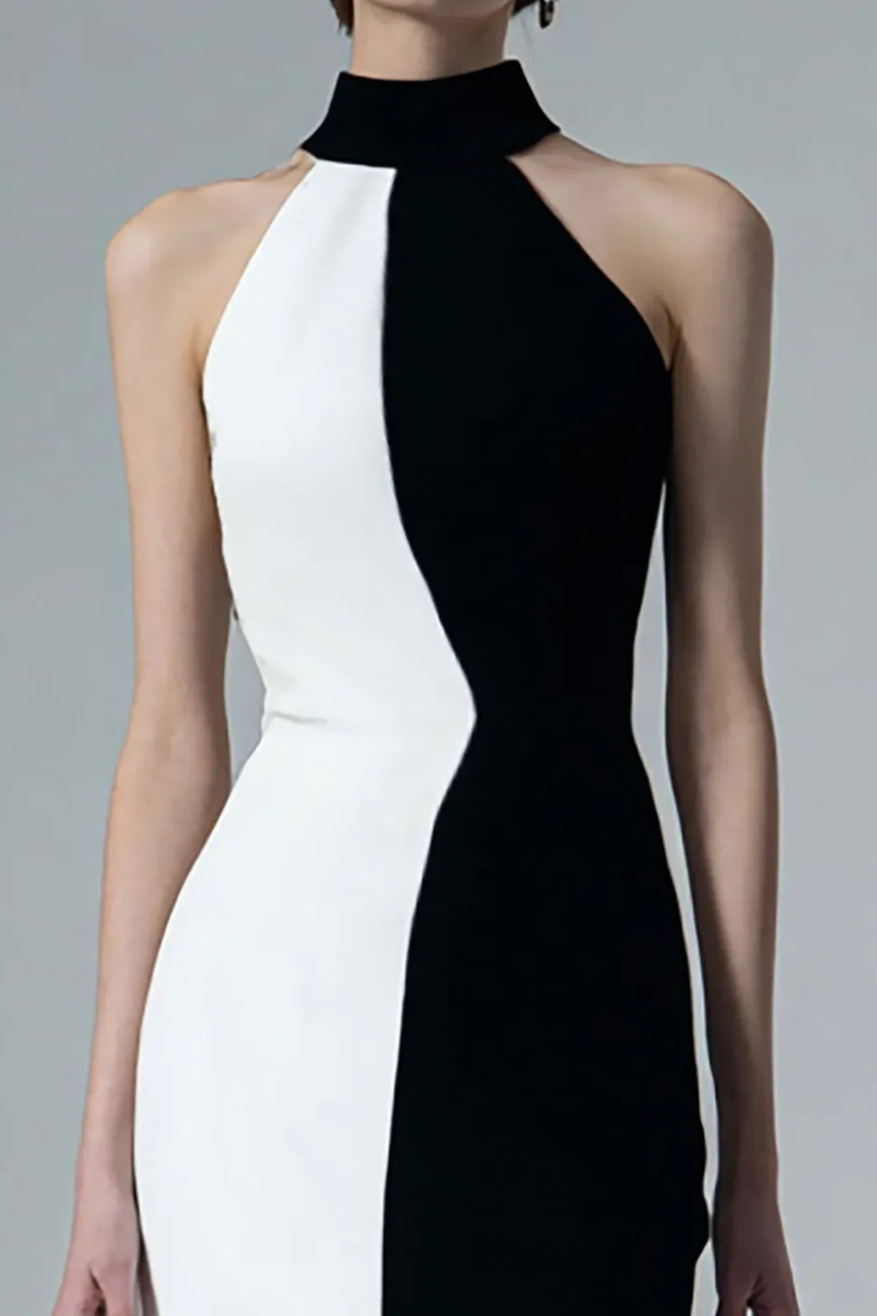 High Neck Preto e Branco Bainha Midi Vestido Formal com Fenda