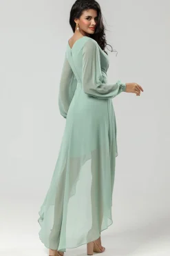 High-low Chiffon Uma linha vestido verde dama de honra com mangas compridas
