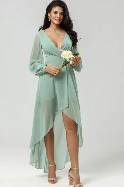 High-low Chiffon Uma linha vestido verde dama de honra com mangas compridas