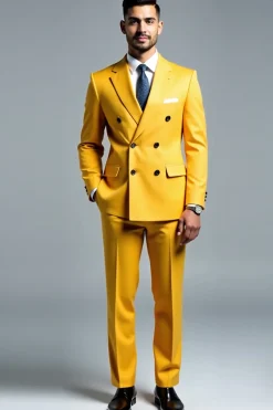 Homens amarelo duplo peito 2 peças Notched lapela Fato de Festa