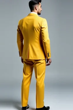 Homens amarelo duplo peito 2 peças Notched lapela Fato de Festa