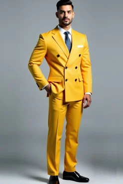 Homens amarelo duplo peito 2 peças Notched lapela Fato de Festa