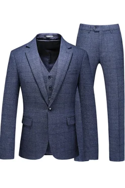 Homens Azul Escuro Plaid Notched Lapela 3 Peças Prom Suits