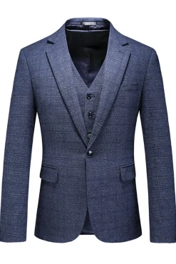 Homens Azul Escuro Plaid Notched Lapela 3 Peças Prom Suits