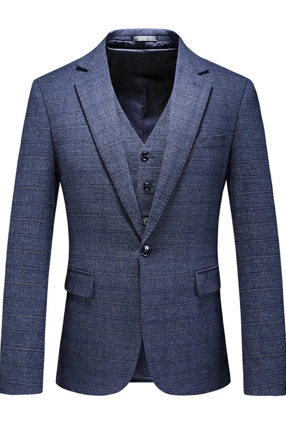 Homens Azul Escuro Plaid Notched Lapela 3 Peças Prom Suits