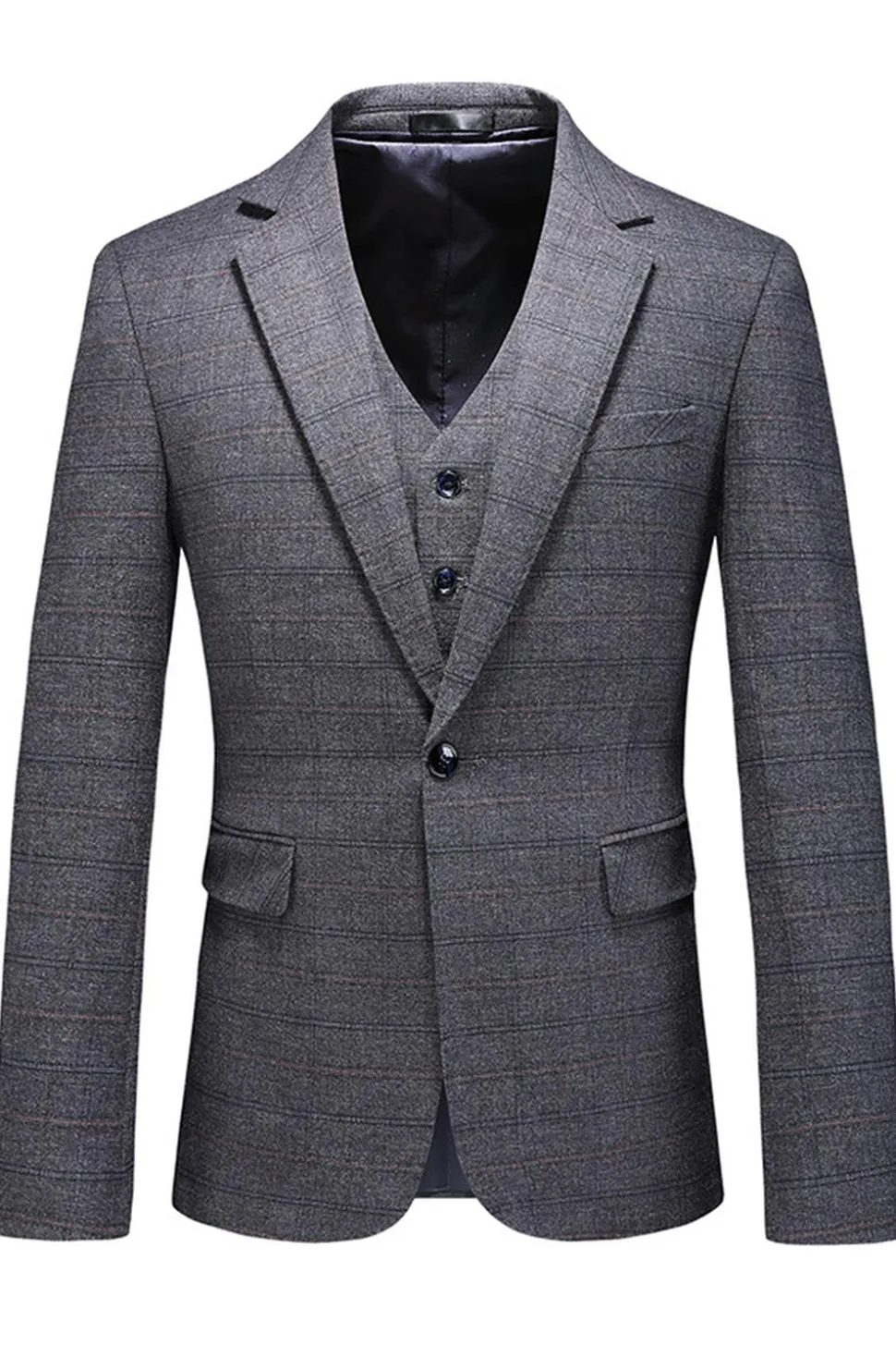 Homens Azul Escuro Plaid Notched Lapela 3 Peças Prom Suits