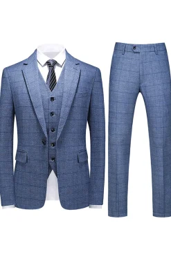 Homens Azul Escuro Plaid Notched Lapela 3 Peças Prom Suits