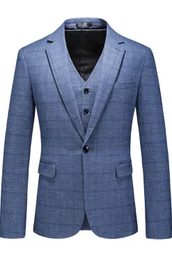 Homens Azul Escuro Plaid Notched Lapela 3 Peças Prom Suits