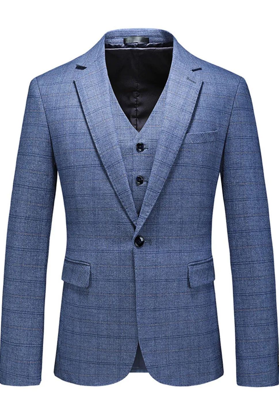 Homens Azul Escuro Plaid Notched Lapela 3 Peças Prom Suits