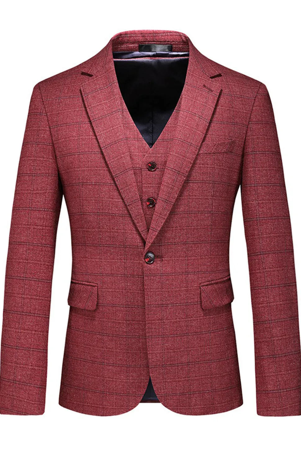 Homens Azul Escuro Plaid Notched Lapela 3 Peças Prom Suits