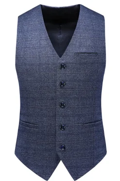 Homens Azul Escuro Plaid Notched Lapela 3 Peças Prom Suits