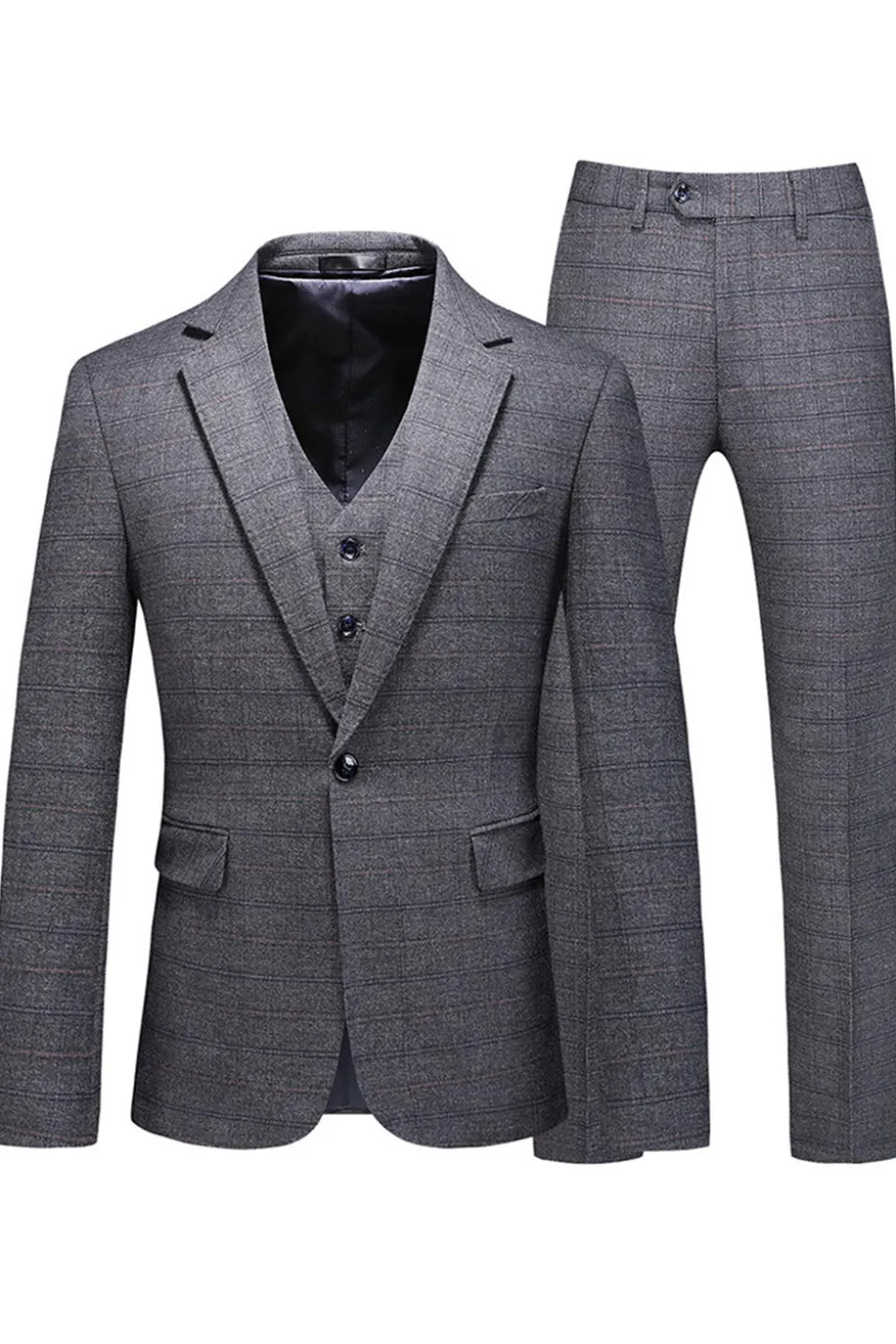 Homens Azul Escuro Plaid Notched Lapela 3 Peças Prom Suits