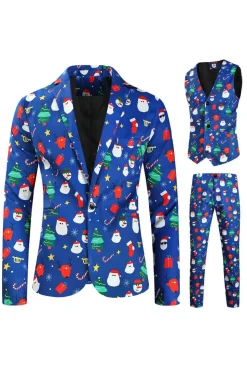 Homens Azul Natal Impresso 3-Piece One Button Party Suits