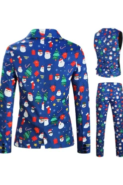 Homens Azul Natal Impresso 3-Piece One Button Party Suits