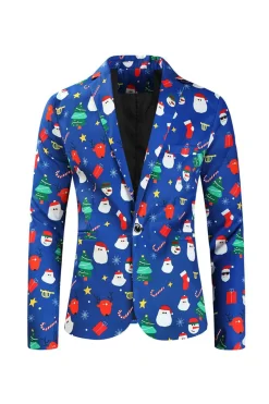 Homens Azul Natal Impresso 3-Piece One Button Party Suits