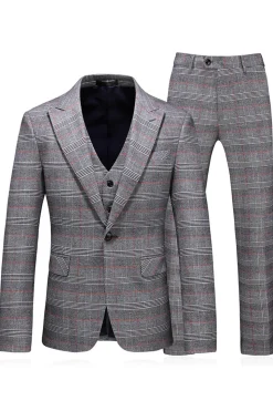 Homens Cinzento Xadrez Pico Lapela 3 Peças Prom Suits