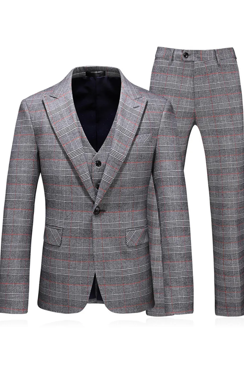 Homens Cinzento Xadrez Pico Lapela 3 Peças Prom Suits