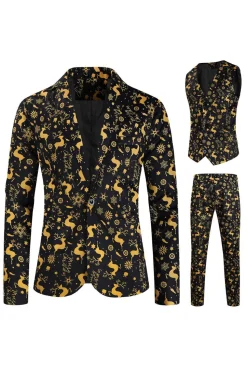 Homens Natal Impresso Preto 3-Piece One Button Party Suits