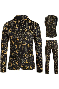 Homens Natal Impresso Preto 3-Piece One Button Party Suits