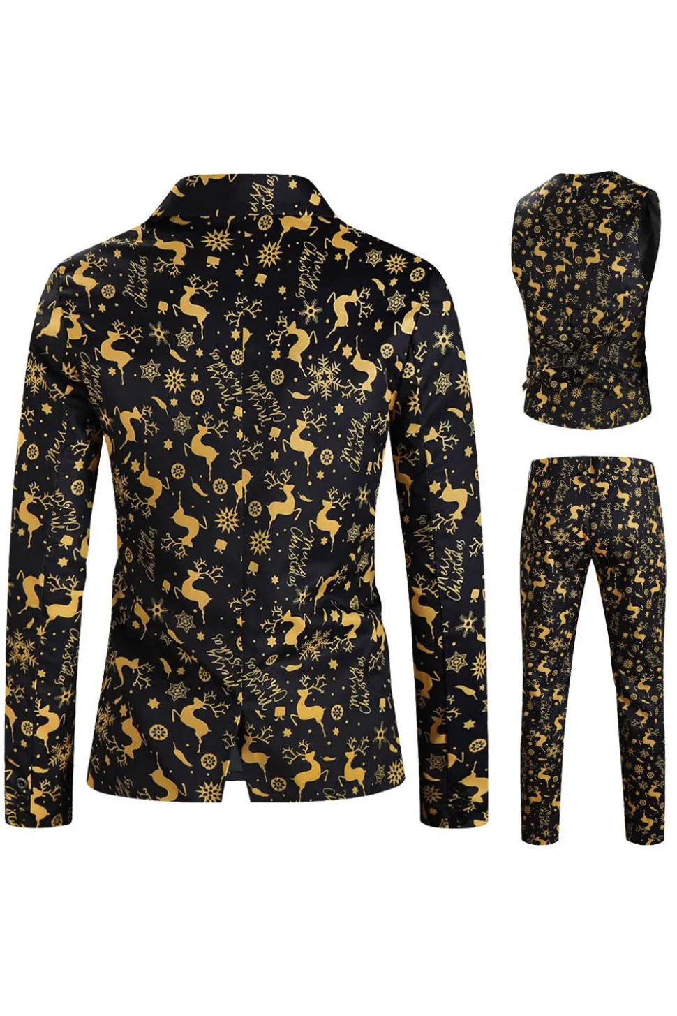 Homens Natal Impresso Preto 3-Piece One Button Party Suits