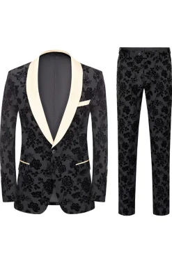 Homens Preto Jacquard 3-Piece Xaile Lapel Prom Suits