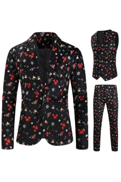 Homens Preto Natal Impresso 3-Piece One Button Party Suits