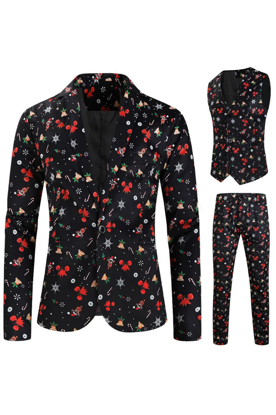 Homens Preto Natal Impresso 3-Piece One Button Party Suits