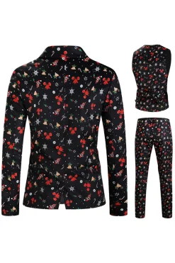 Homens Preto Natal Impresso 3-Piece One Button Party Suits