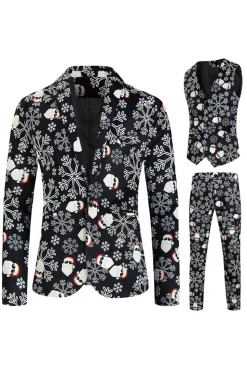 Homens Preto Natal Impresso 3-Piece One Button Party Suits