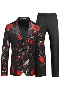Homens Red Jacquard 3-Piece Notched Lapela Homecoming Suits
