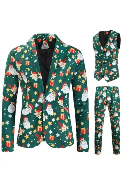 Homens Verde Natal Impresso 3-Piece One Button Party Suits