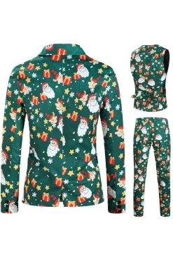 Homens Verde Natal Impresso 3-Piece One Button Party Suits