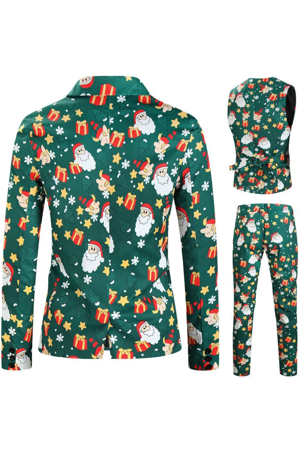 Homens Verde Natal Impresso 3-Piece One Button Party Suits