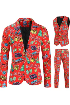 Homens Verde Natal Impresso 3-Piece One Button Party Suits