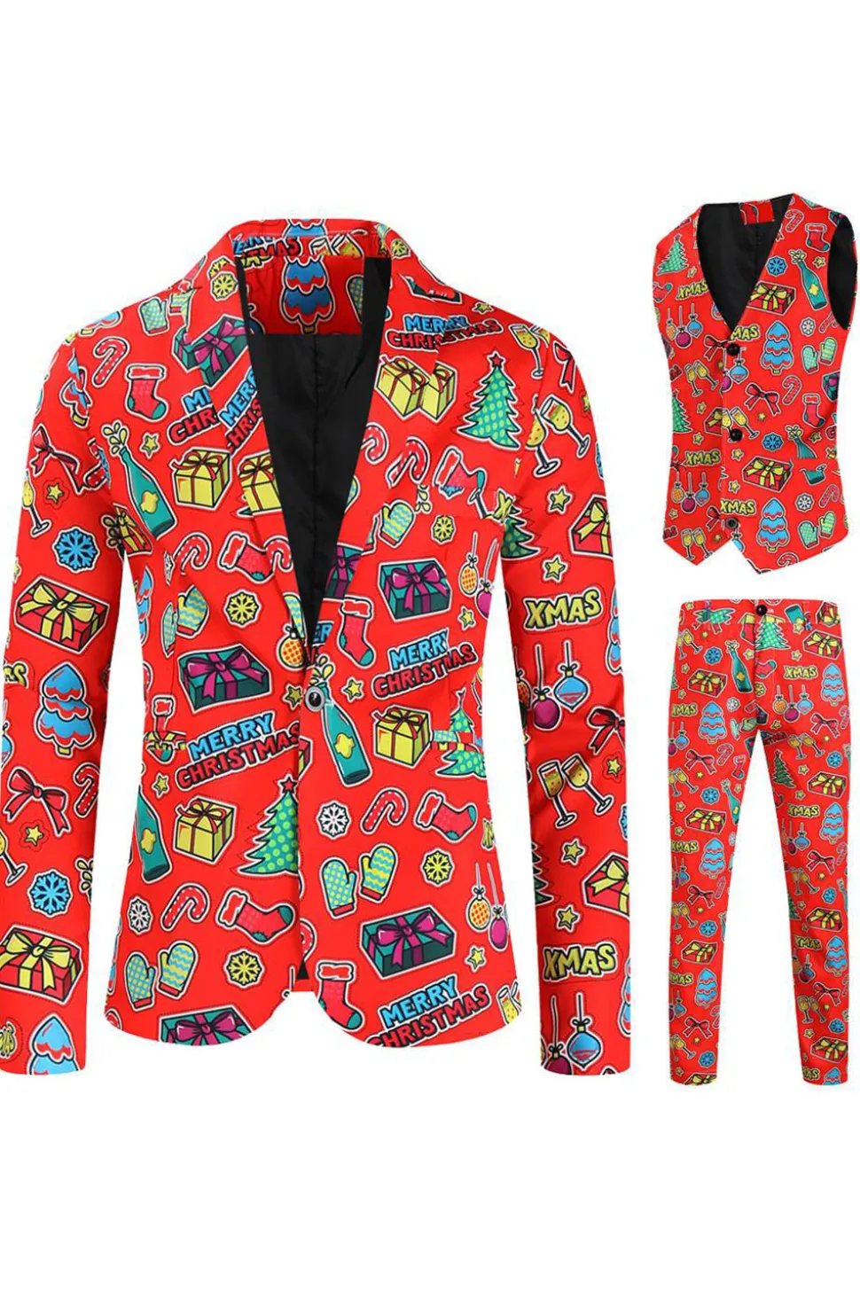 Homens Verde Natal Impresso 3-Piece One Button Party Suits