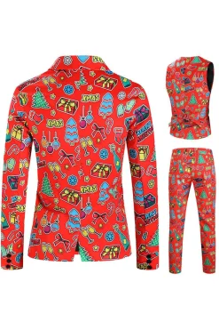 Homens Verde Natal Impresso 3-Piece One Button Party Suits