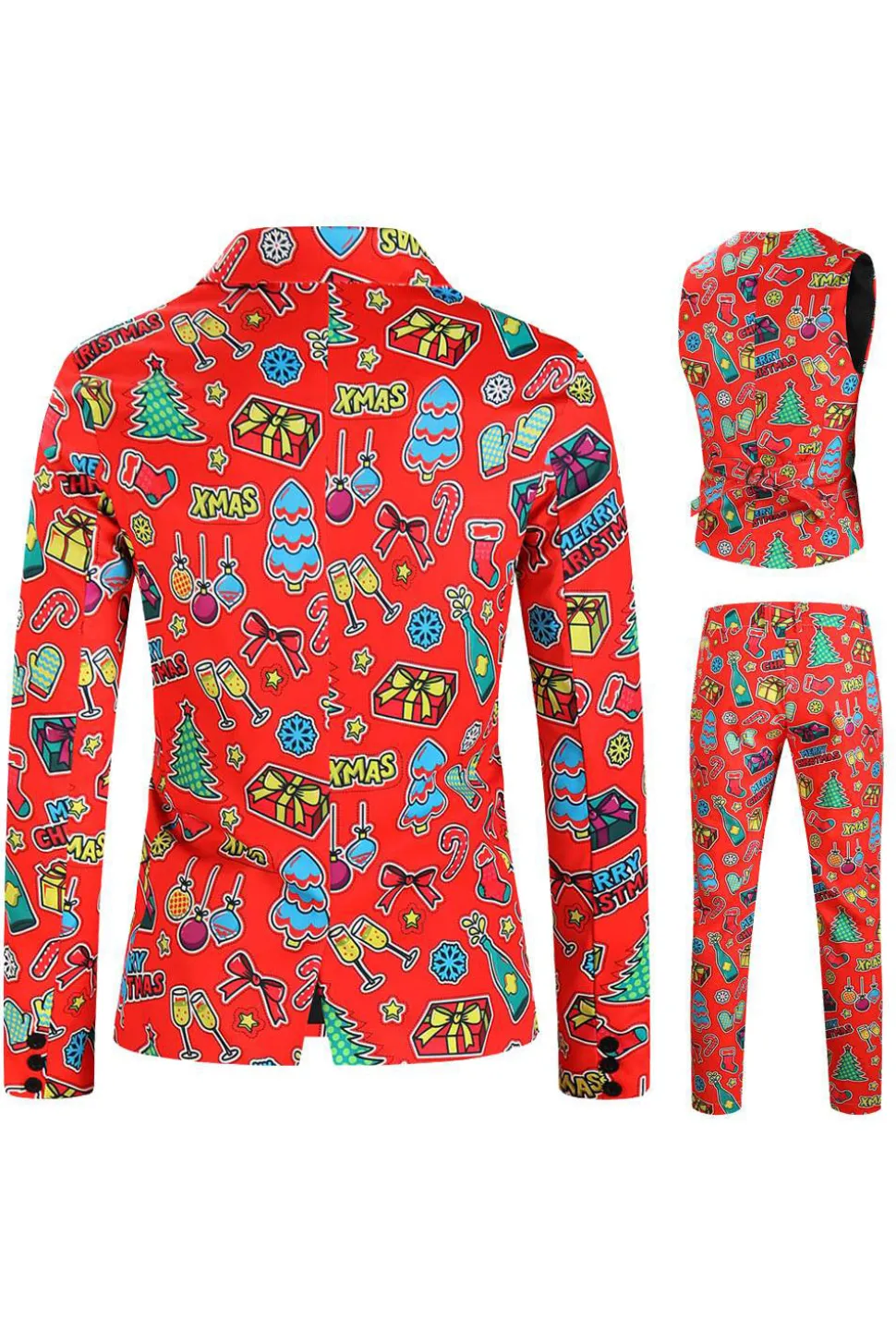 Homens Verde Natal Impresso 3-Piece One Button Party Suits