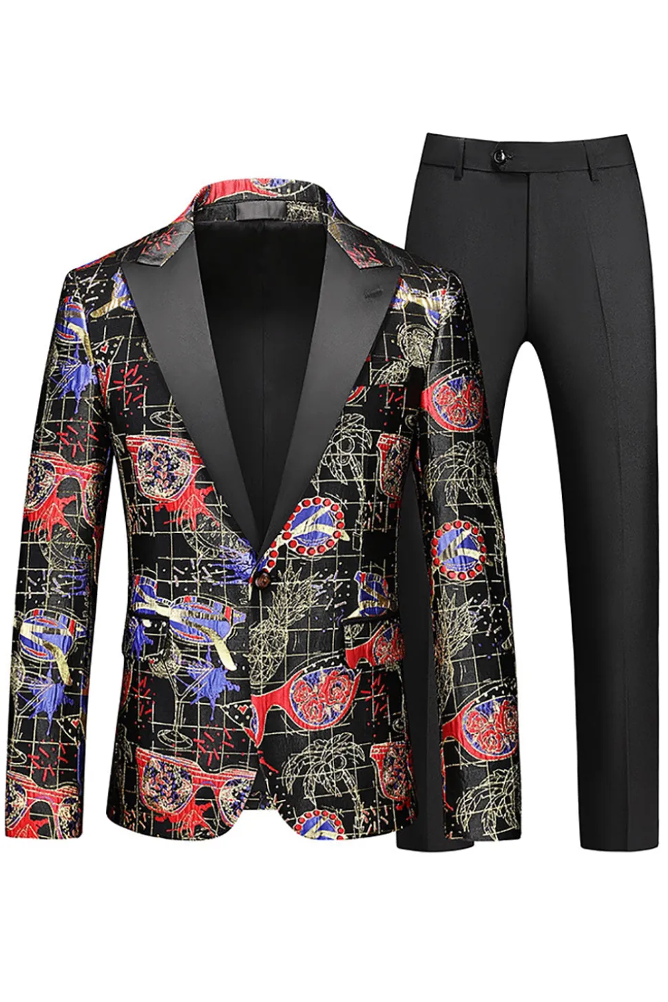 Homens Vermelho Impresso Pico Lapela 2-Piece Homecoming Suits