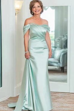 Hortelã Bainha Cetim Fora do Ombro Longo Vestido Mae Noiva