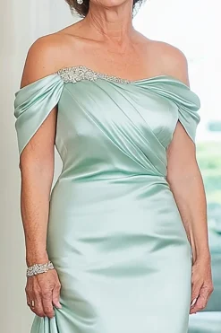 Hortelã Bainha Cetim Fora do Ombro Longo Vestido Mae Noiva